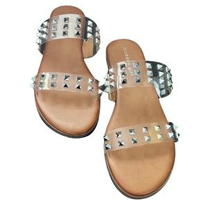 Madden Girl Clear Studded Slide Sandals with Tan Footbed